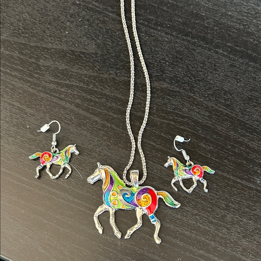 Colorful Horse Pendant Necklace and Earring Set